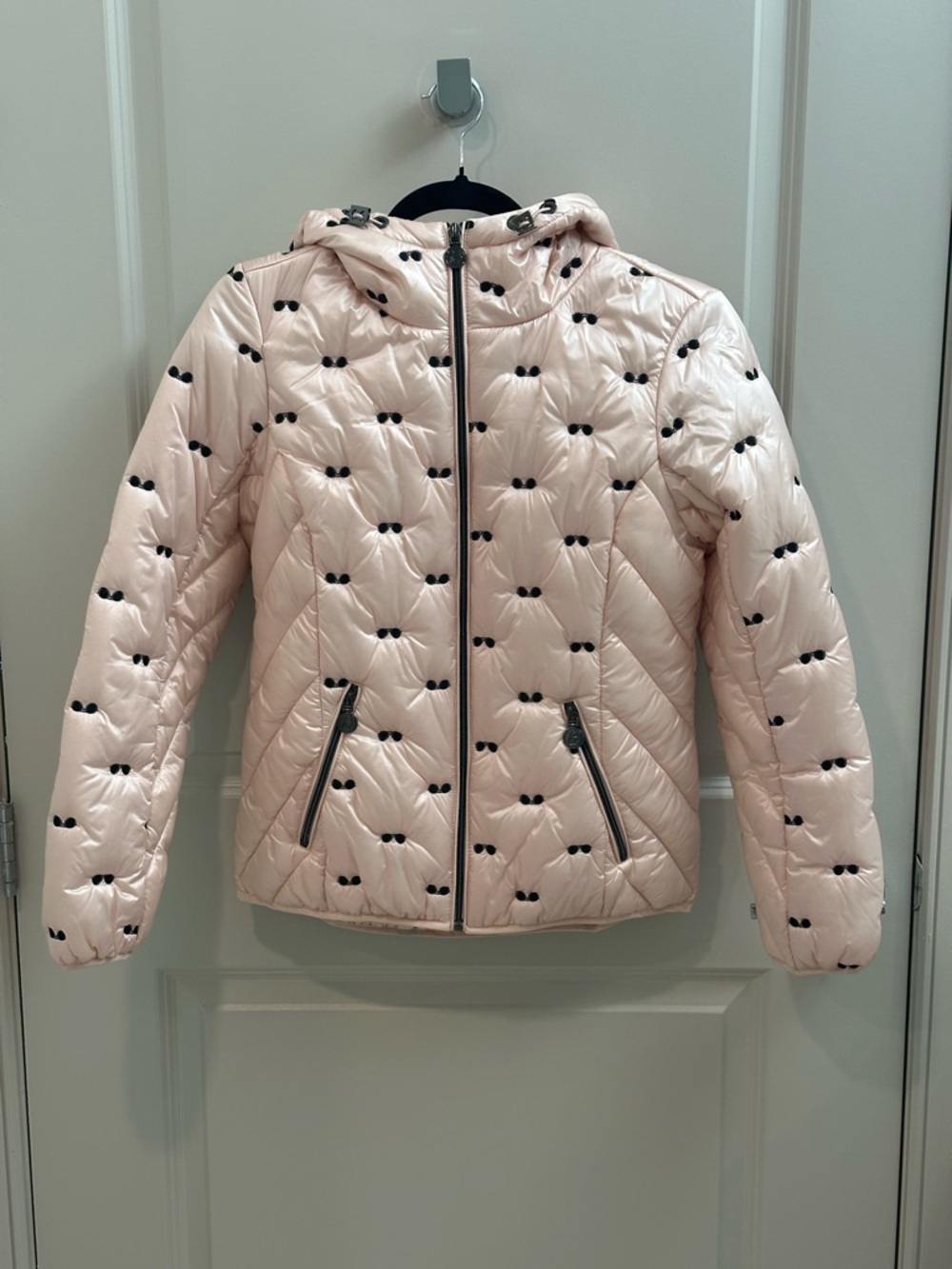 Soft Pink Quilted Down Jacket with Sunglasses